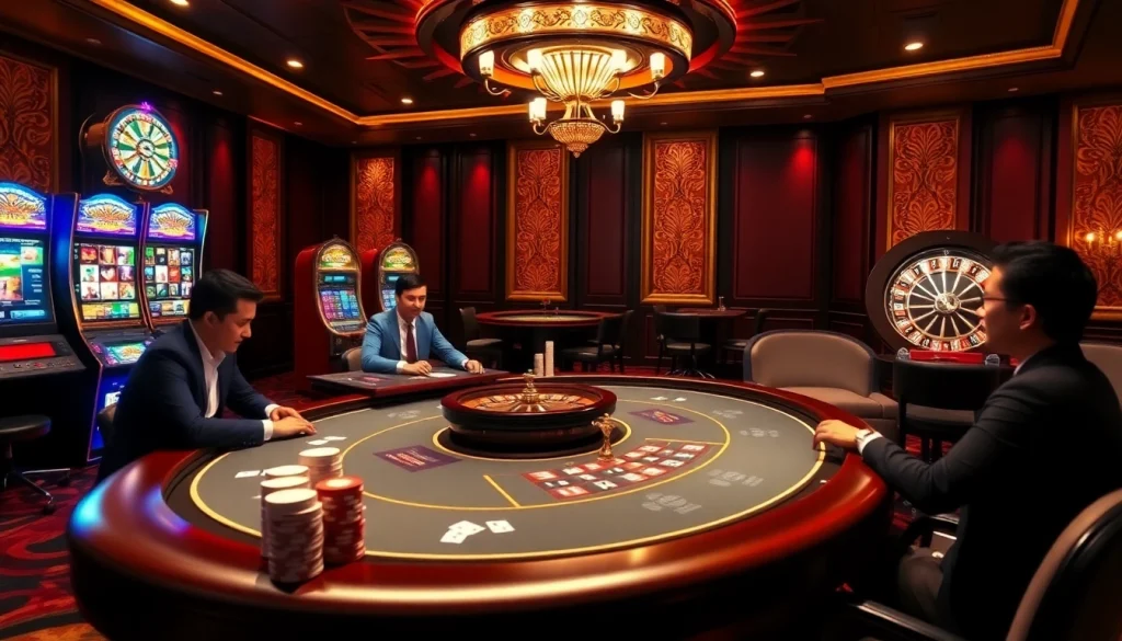 Experience the thrilling atmosphere of Liên Minh Quốc Tế KJC with a vibrant casino scene featuring poker tables and slot machines.