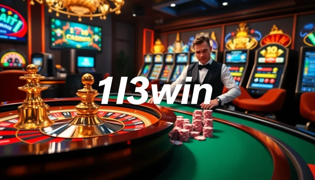 Join the excitement of gambling at 13win with a vibrant casino scene full of roulette and poker.