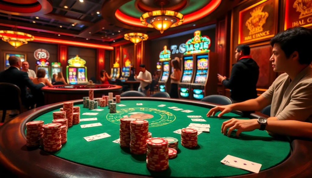 Players enjoying casino games at 789F with poker chips, slots, and roulette in a luxurious setting.