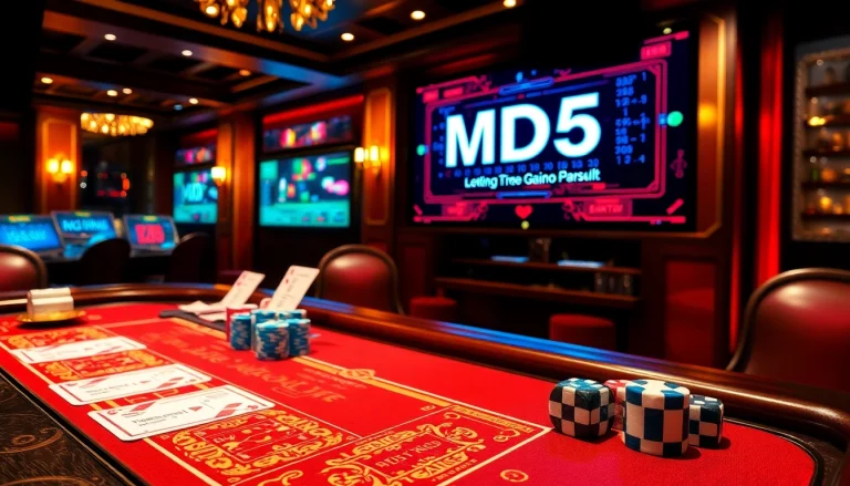 Experience Tài Xỉu MD5 online thrill with vibrant casino table, chips, and digital screens.