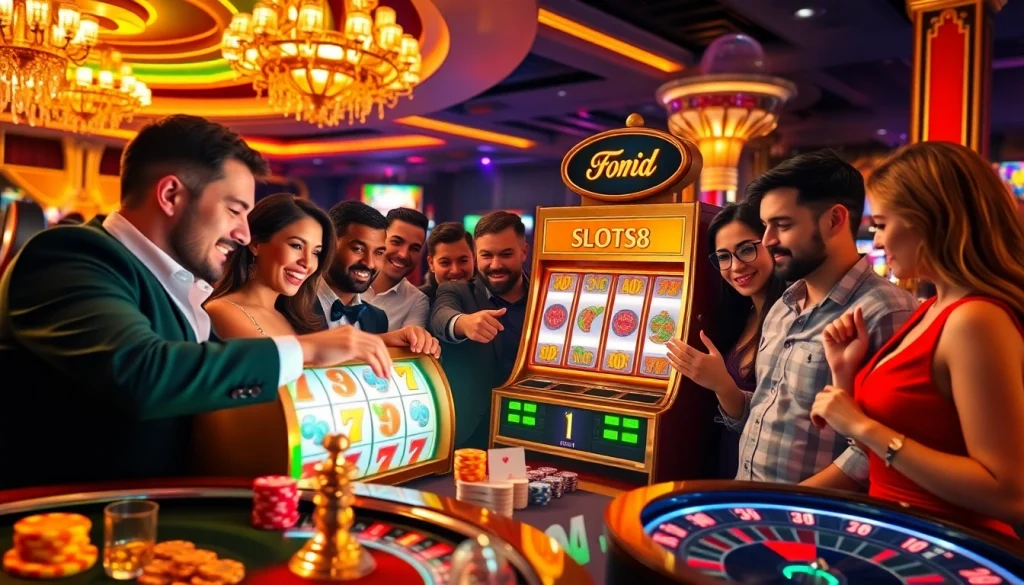 Experience thrilling excitement at a SLOTS8 slot machine with vibrant gaming action.