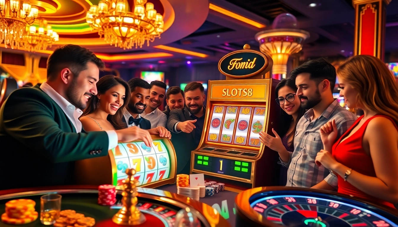 Experience thrilling excitement at a SLOTS8 slot machine with vibrant gaming action.