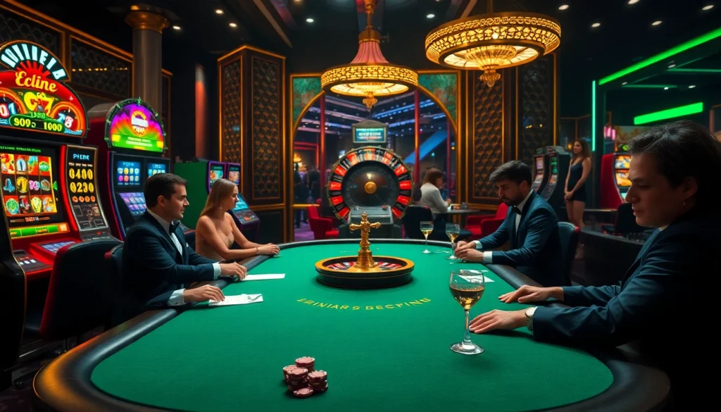 Players engaging at a Go8 casino poker table, surrounded by vibrant slot machines and roulette.