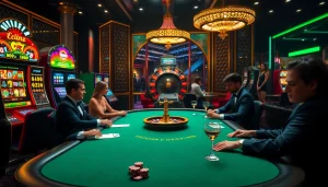 Players engaging at a Go8 casino poker table, surrounded by vibrant slot machines and roulette.