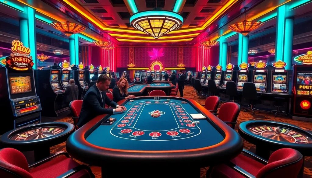 NK88 casino scene featuring an exciting blackjack table with players and vibrant slot machines.