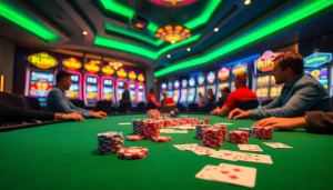 Engaging in poker at a casino table, showcasing đăng ký kuwin excitement with vibrant chips and cards.
