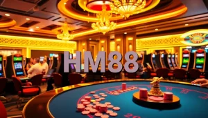 Players strategizing at HM88's vibrant casino table with exciting slot machines.