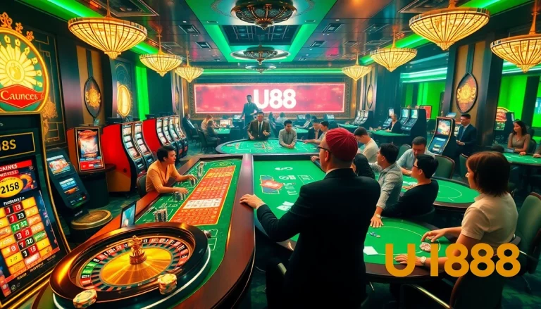 Engage in high-stakes poker at UU88's luxurious casino environment featuring vibrant tables and thrilling gameplay.