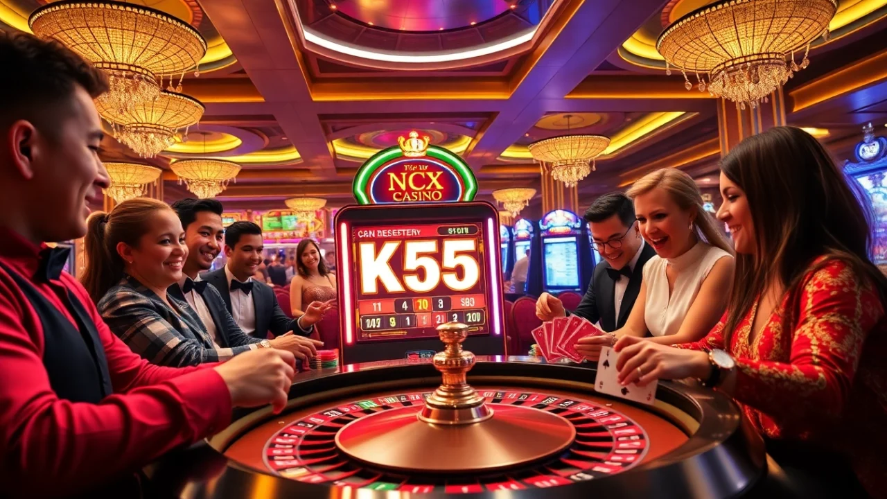 Players enjoying action on the KK55 slot machine in a vibrant casino scene.