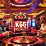 Players enjoying action on the KK55 slot machine in a vibrant casino scene.