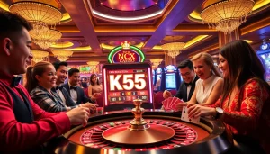 Players enjoying action on the KK55 slot machine in a vibrant casino scene.