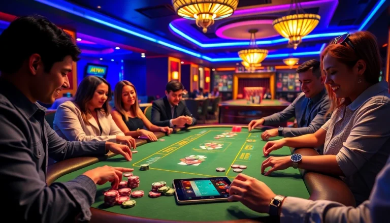 Players enjoying a game of poker with haywin casino elements, vibrant atmosphere, and luxury.