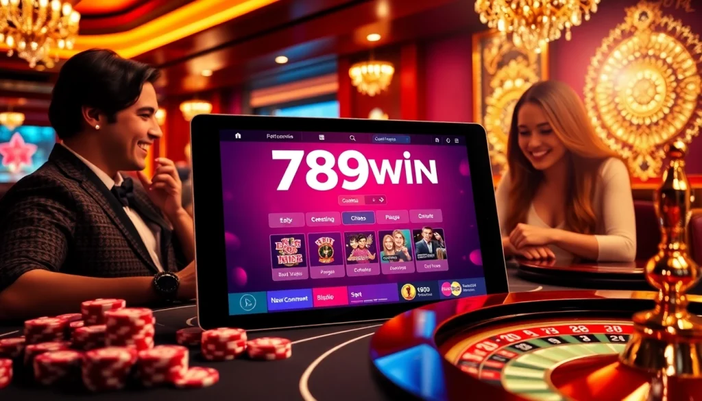 A thrilling scene with players enjoying betting on 789win casino games amidst glamorous casino decor.