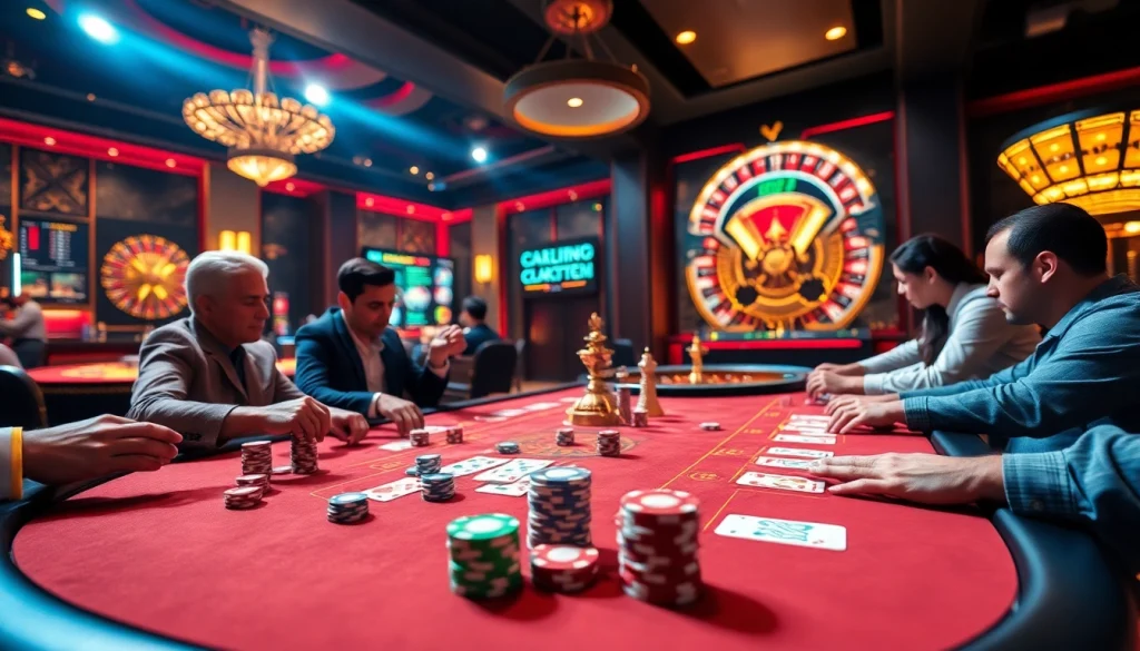 A thrilling poker game at a luxurious casino, featuring players and chips, inspired by https://99okwin.live online gambling experience.
