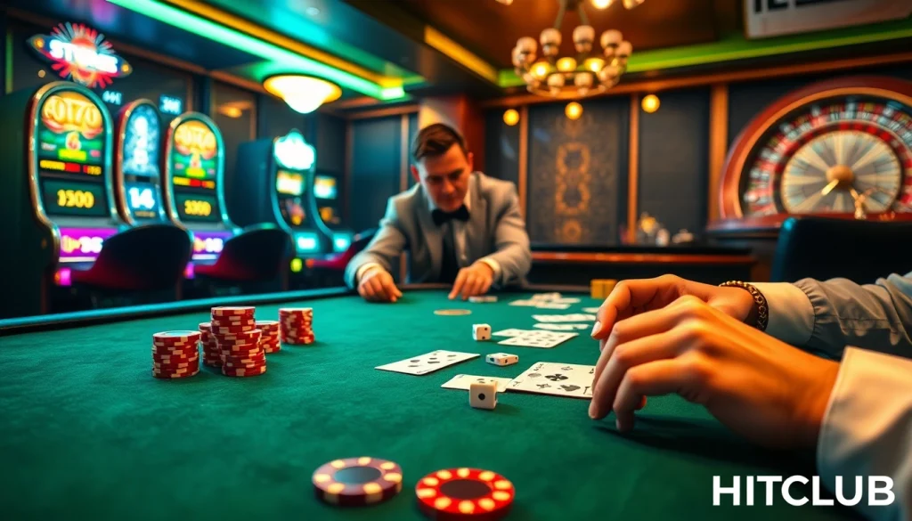 Experience the thrill of gameplay at HITCLUB with a vibrant casino scene featuring poker and slot machines.