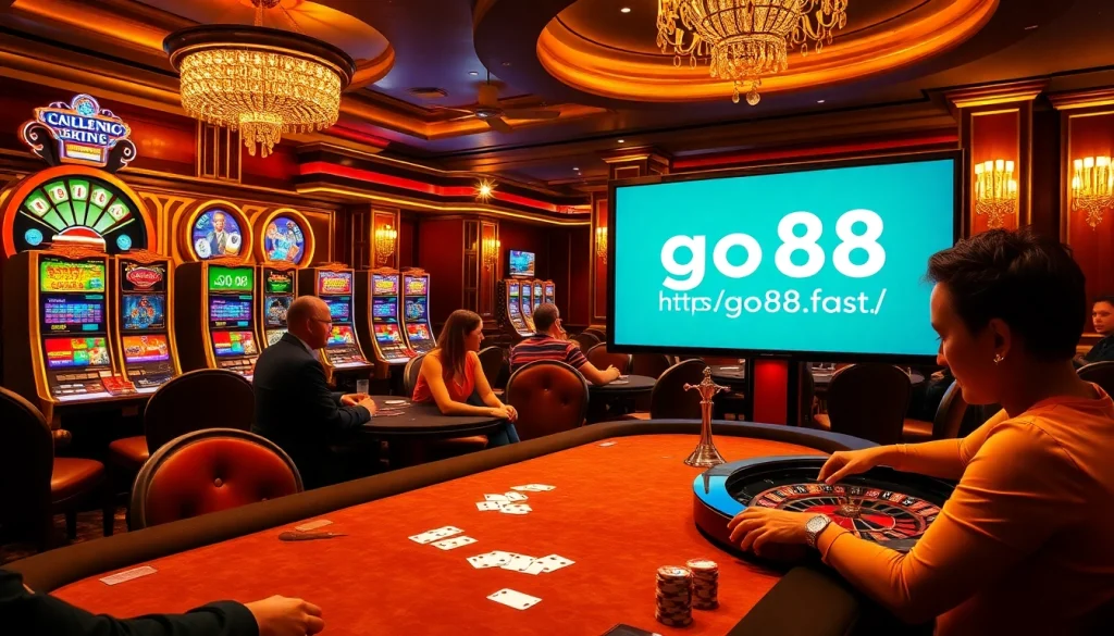 Exciting casino gameplay scene highlighting players at https://go88.fast/ poker and roulette tables with vibrant slot machines.