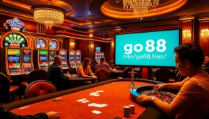 Exciting casino gameplay scene highlighting players at https://go88.fast/ poker and roulette tables with vibrant slot machines.