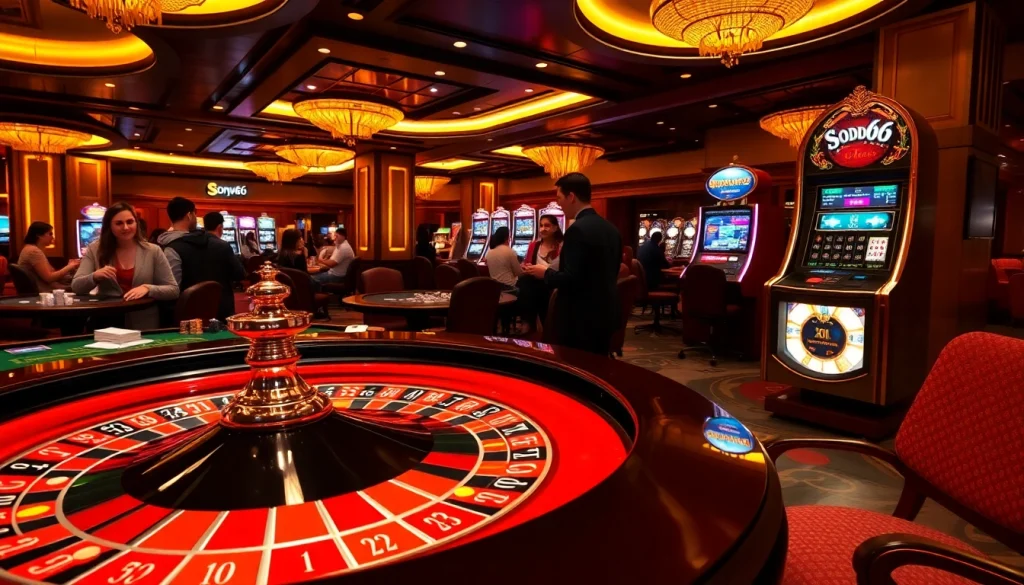 Experience excitement at SODO66 casino with roulette, cards, and slot machines in vibrant setting.