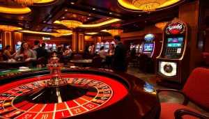 Experience excitement at SODO66 casino with roulette, cards, and slot machines in vibrant setting.