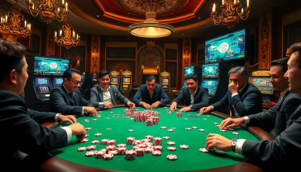 A thrilling poker game at trang chủ kjc, showcasing players, vibrant chips, and a luxurious casino backdrop.