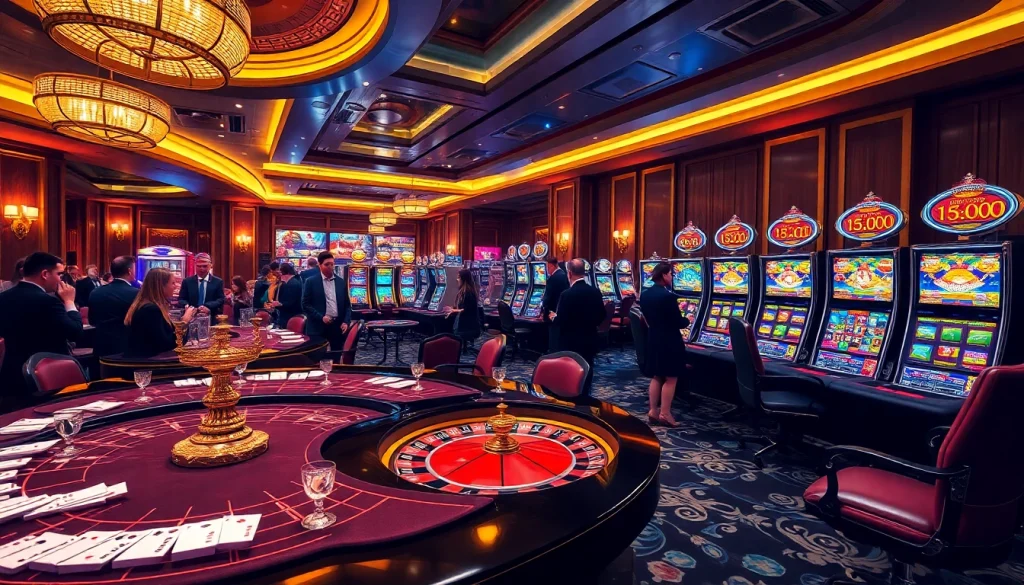 Players enjoying games at PG88 casino with vibrant slot machines and elegant dealer tables