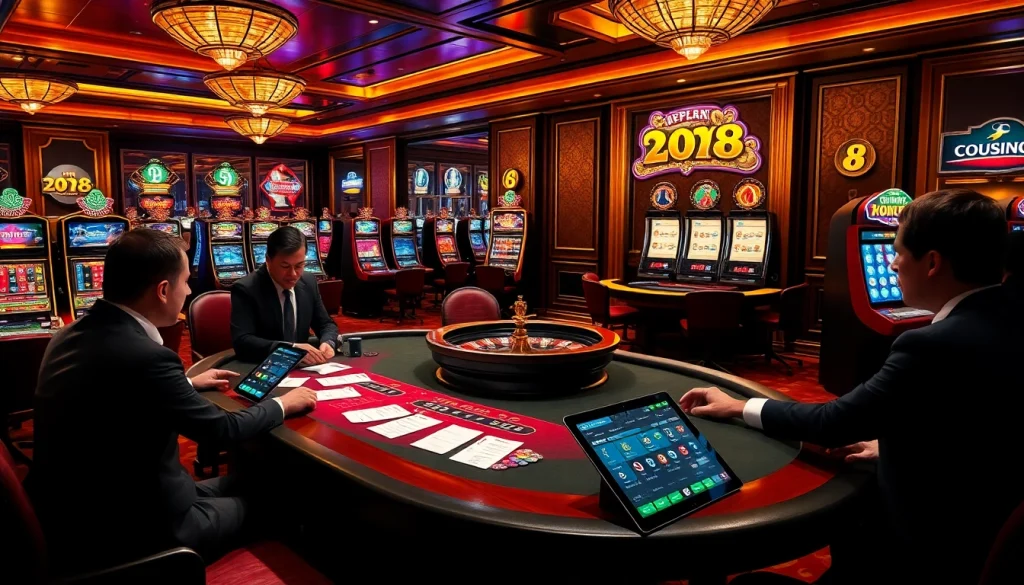 A lively casino scene with the go8 poker table, players in action, and vibrant slot machines in the background.