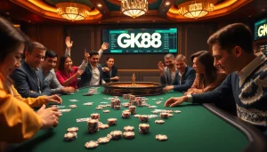 Engage in high-stakes gaming at GK88 casino with vibrant poker chips and a roulette wheel.