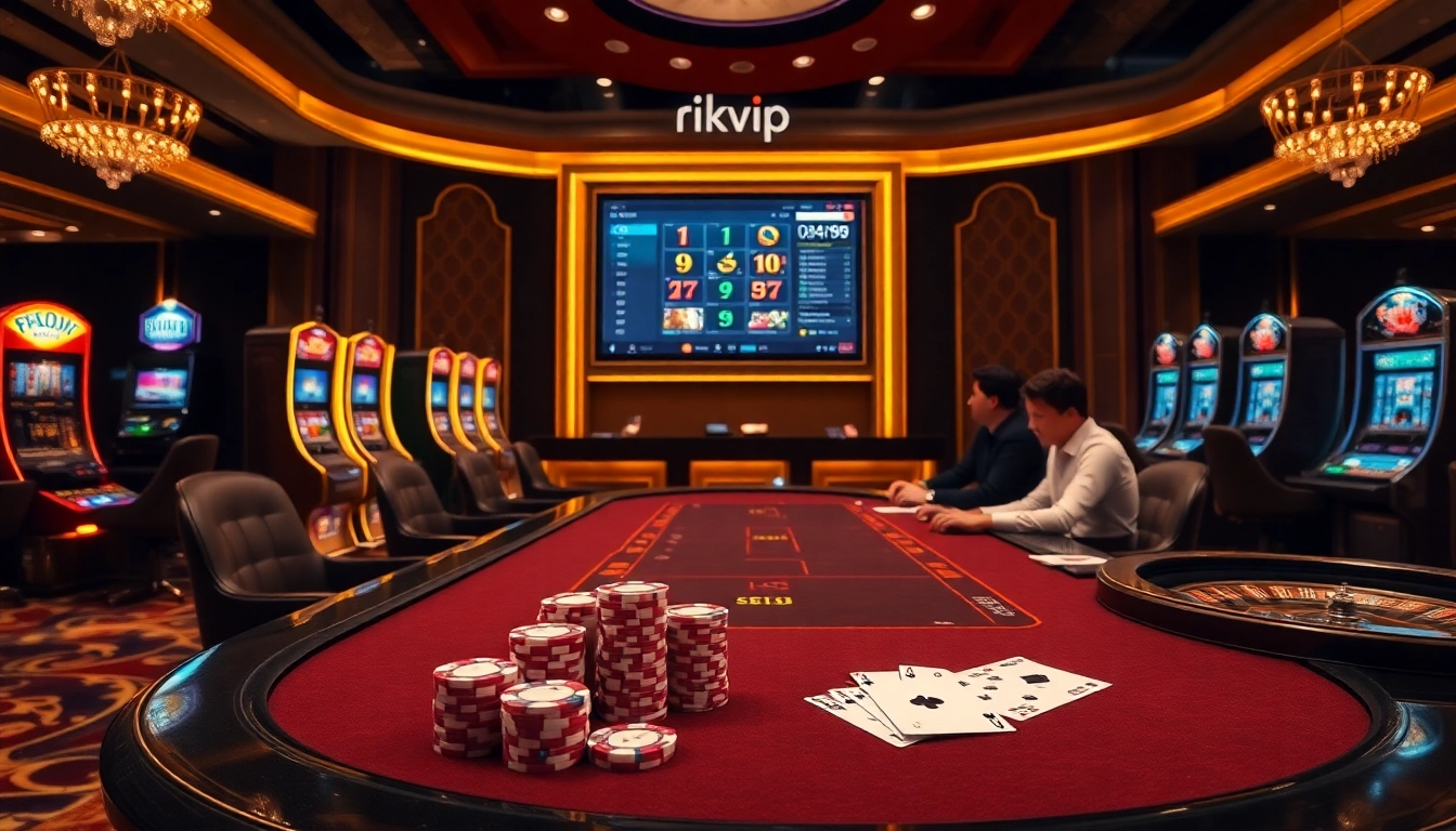 Engaging gameplay at a luxurious rikvip casino with poker tables and casino elements.