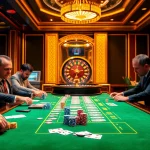 Engaging casino scene featuring a KK55-themed gaming table with excited players and vibrant poker chips.