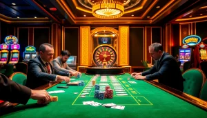 Engaging casino scene featuring a KK55-themed gaming table with excited players and vibrant poker chips.