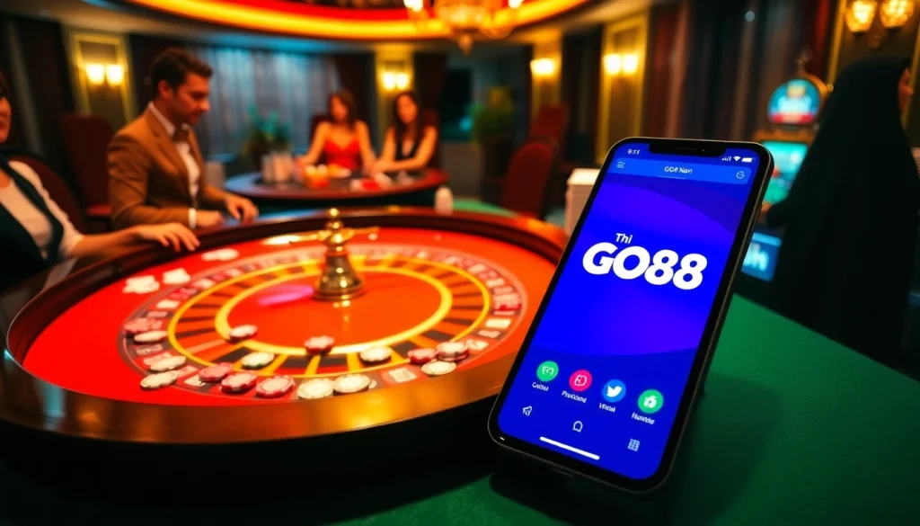 Engaging casino scene highlighting Tải GO88 with roulette, poker chips, and mobile gaming excitement.