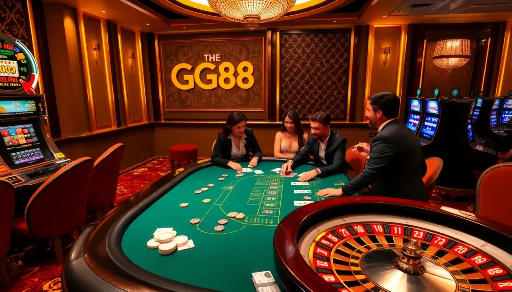 Players experiencing the thrill of GG88 at a luxurious poker table in a vibrant casino setting.