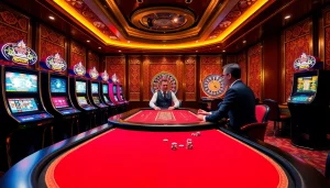 Experience the vibrant excitement of 8KBET with engaging poker games and luxurious casino decor.