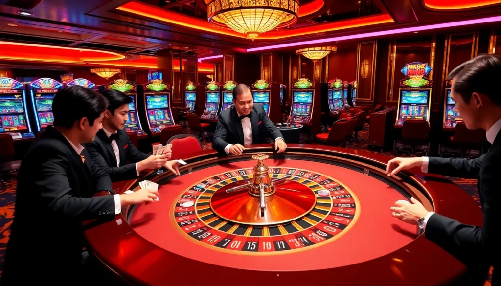 Exciting casino scene featuring high-stakes players at nk88 roulette table with vibrant chips.