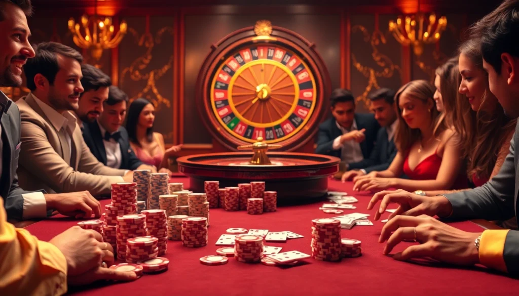 Players engaging in high-stakes poker at a luxurious casino, celebrating bdjl win moments.