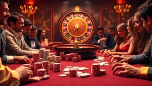 Players engaging in high-stakes poker at a luxurious casino, celebrating bdjl win moments.