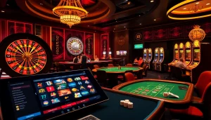 Experience the thrill of online gaming with 7C77's vibrant casino atmosphere featuring roulette and poker tables.