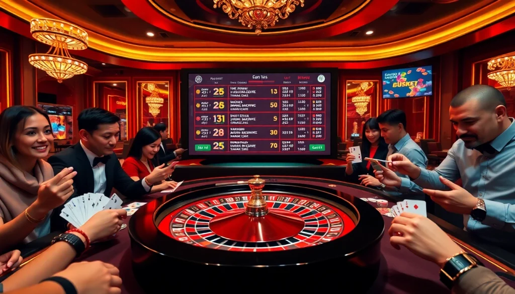 Experience the thrill of winning at link vào 8kbet with a vibrant casino scene featuring roulette and excited players.