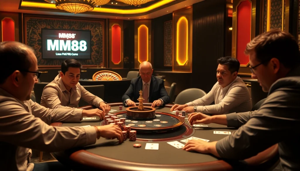 Exciting poker game showcasing MM88 at a luxurious casino table, filled with chips and cards.