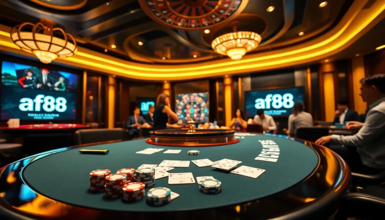 Players enjoying a high-stakes poker game at the af88 casino table, showcasing excitement and luxury.
