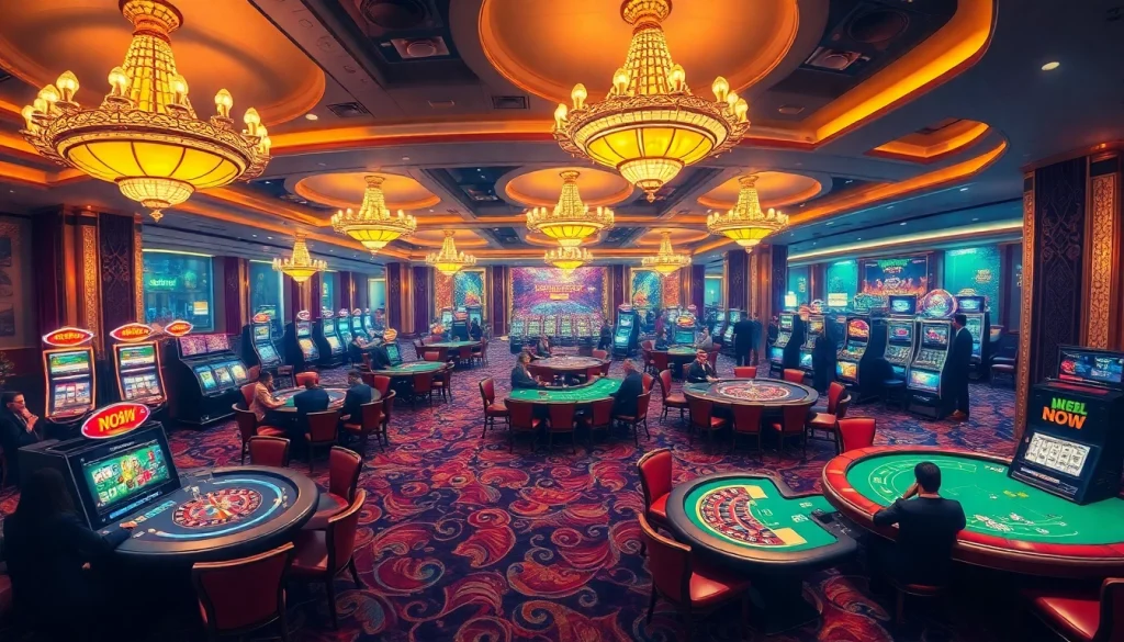 Engaged players with nk88 chips at a vibrant casino table, showcasing excitement and strategy.