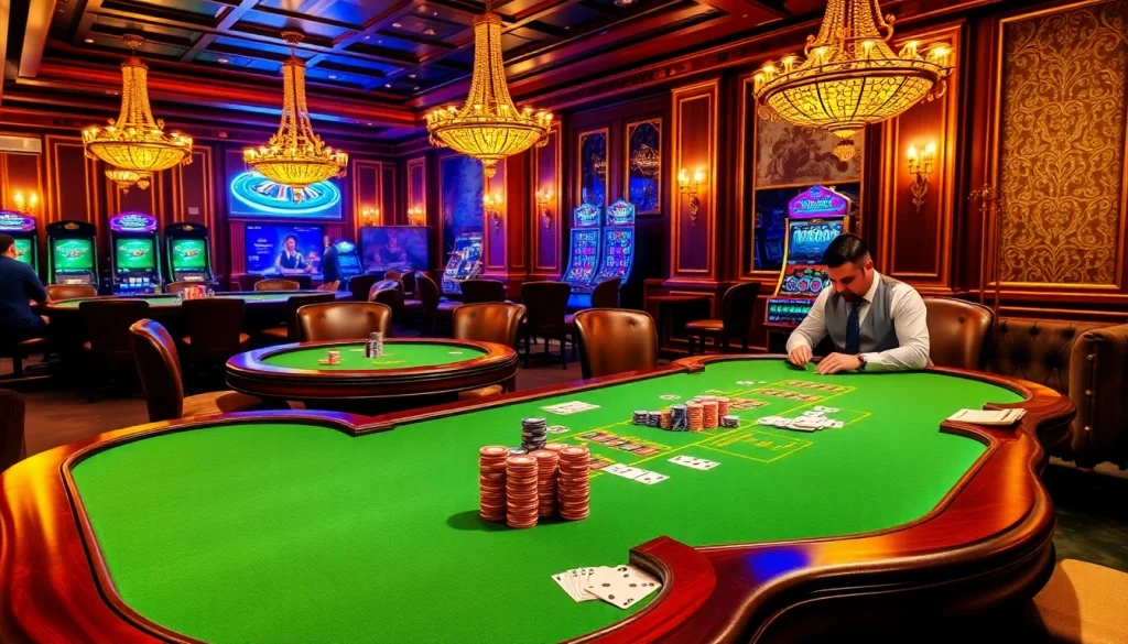 An engaging gaming scene at https://gg88.work/ showcasing an intense poker game with vivid casino decor and excitement.