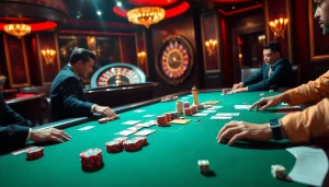 Engaging poker action at a high-stakes table, linked to kjc com's thrilling gaming experiences.