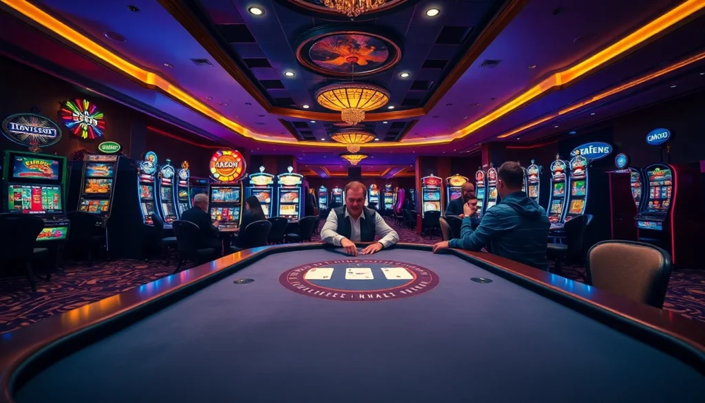 SODO 66 poker players strategize at a luxurious casino table amidst vibrant slot machines.
