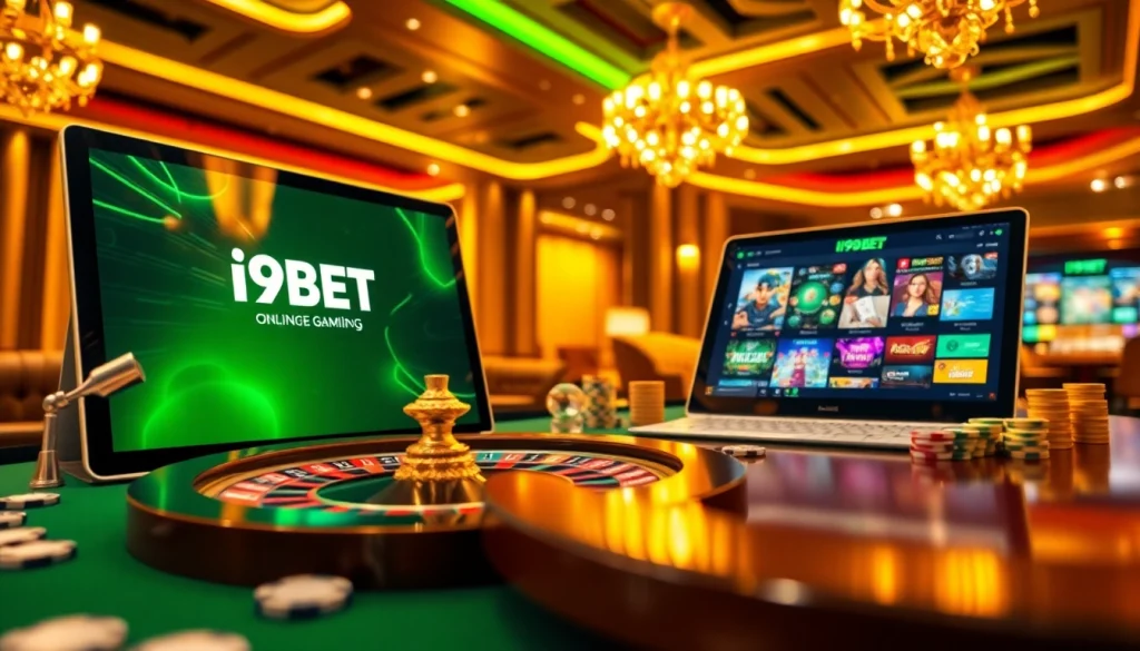 I9BET online gambling scene featuring luxurious casino elements like poker chips and a roulette wheel.