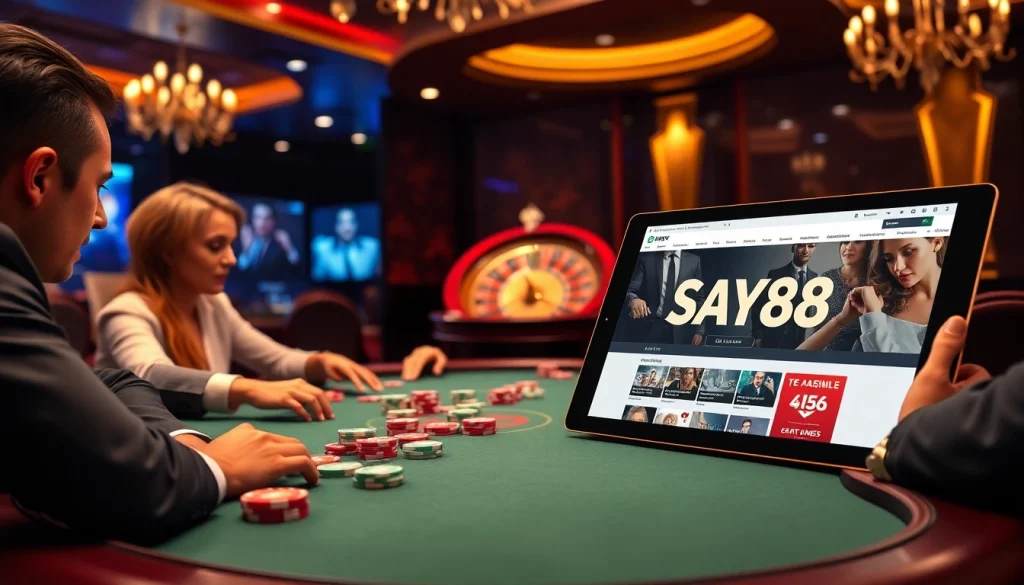 SAY88 players strategizing at a high-stakes poker table, showcasing intense gambling action.