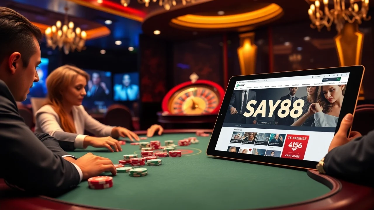 SAY88 players strategizing at a high-stakes poker table, showcasing intense gambling action.