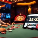 SAY88 players strategizing at a high-stakes poker table, showcasing intense gambling action.