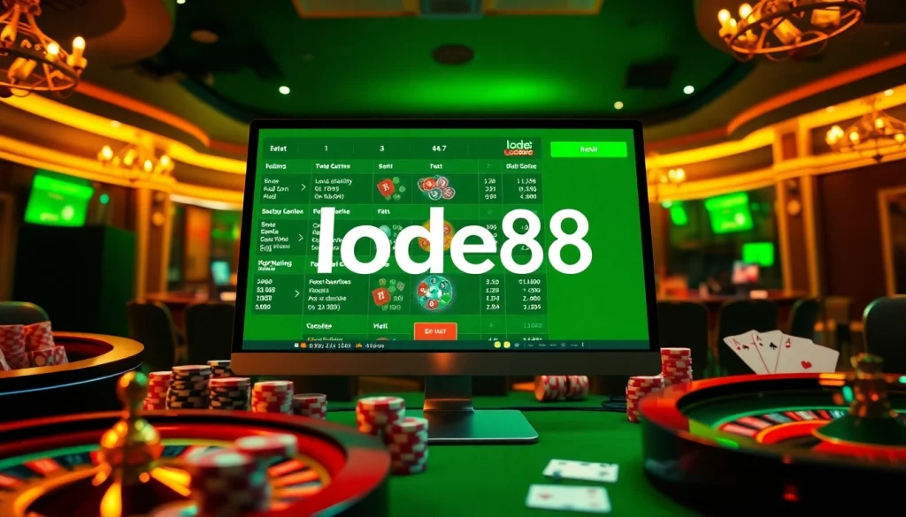 Players engaging with lode88 on a luxurious online casino interface, surrounded by gaming elements.