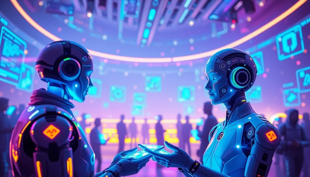 Engaging AI characters in a futuristic scene representing ai porn chat interactions.
